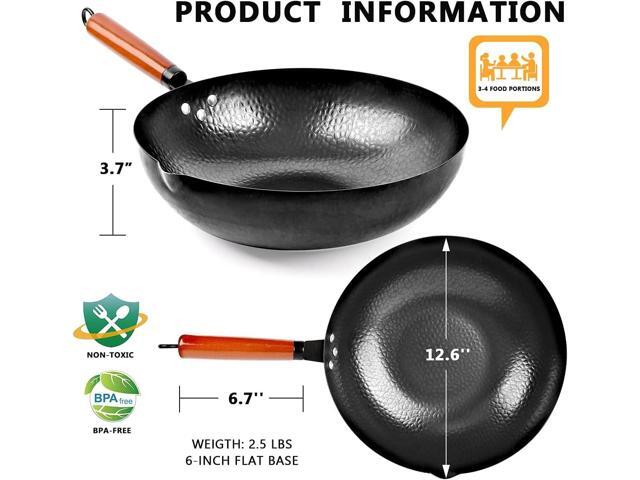 Carbon Steel Wok Pan, 14 Piece Woks & Stir-Fry Pans Set with Wooden Lid Cookwares, No Chemical Coated Flat Bottom Chinese Pan for Induction,...