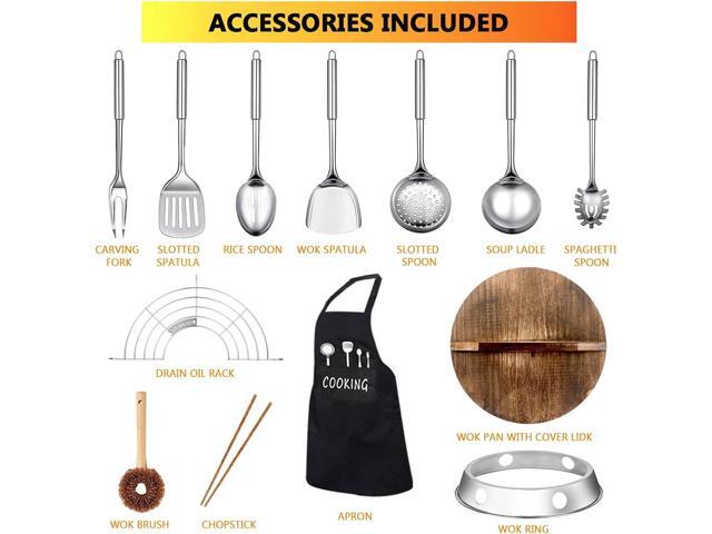 Carbon Steel Wok Pan, 14 Piece Woks & Stir-Fry Pans Set with Wooden Lid Cookwares, No Chemical Coated Flat Bottom Chinese Pan for Induction,...