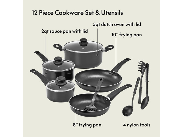 bella Cookware Set, 12 Piece Pots and Pans with Utensils, Nonstick PFOA Free Scratch Resistant Cooking Surface Compatible with All Stoves, Nylon...