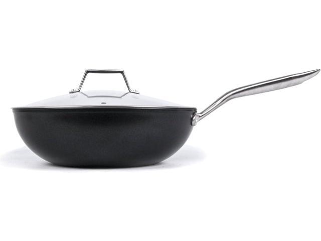 TECHEF - Onyx Collection, 12' Nonstick Flat Bottom Wok/Stir-Fry Pan with Glass Lid, PFOA Free, Dishwasher and Oven Safe, Made in Korea