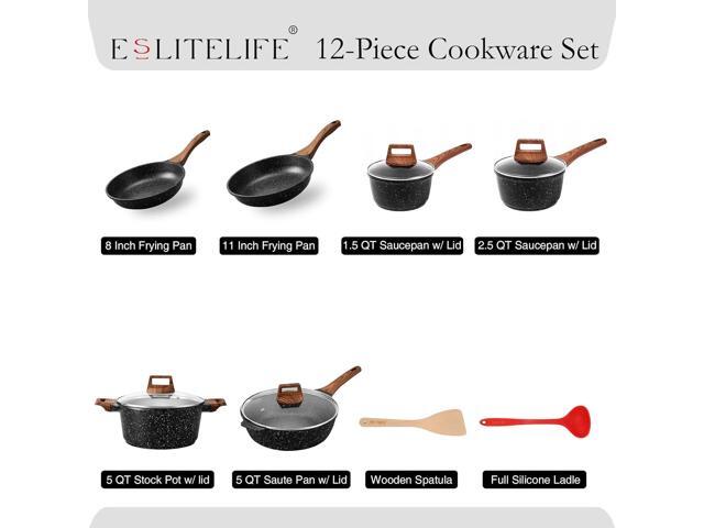 ESLITE LIFE Nonstick Cookware Sets, 12 Pcs Granite Coating Pots and Pans Set Kitchen Cooking Set, Compatible with All Stovetops (Gas, Electric &...