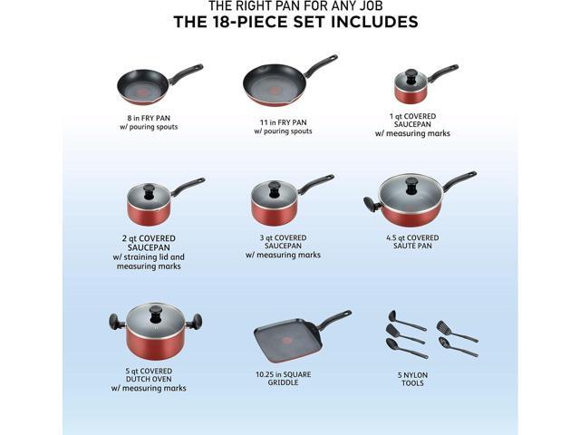 T-fal Initiatives Nonstick Cookware Set 18 Piece, Oven Broiler Safe 350F, Kitchen Cooking Set w/Fry Pans, Saucepans, Saute Pan, Dutch Oven,...