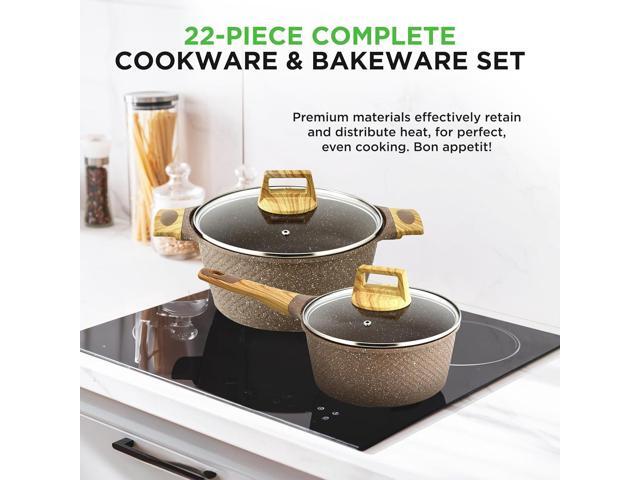 Nutrichef 22-Piece Maroon Marble Non-Stick Cookware and Bakeware Set - Professional Home Kitchen Collection with Multi-Sized Pots, Pans, and...