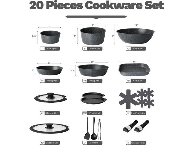 20 Pcs Pots and Pans Set Non Stick, Stackable Cookware Sets with Detachable Handle, Granite Induction RV Kitchen Portable Cooking Set Removable...