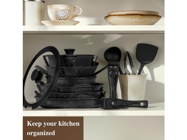 20 Pcs Pots and Pans Set Non Stick, Stackable Cookware Sets with Detachable Handle, Granite Induction RV Kitchen Portable Cooking Set Removable...