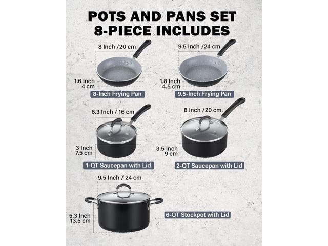 Cook N Home Pots and Pans Nonstick Kitchen Cookware Sets include Saucepan Frying Pan Stockpots 8-Piece, Heavy Gauge, Stay Cool Handle, Marble