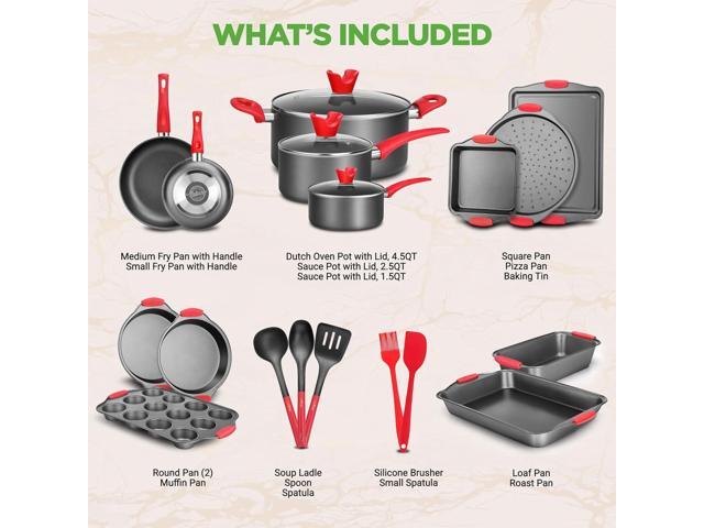 NutriChef 21-Piece Nonstick Cookware Set - PTFE/PFOA/PFOS Free Heat Resistant Lacquer Kitchen Ware Pots Pan w/ Cool-Touch Handles, Saucepan, Fry...