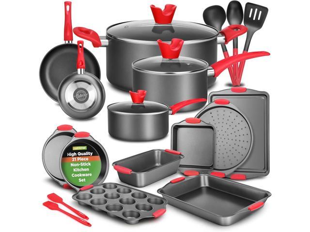 NutriChef 21-Piece Nonstick Cookware Set - PTFE/PFOA/PFOS Free Heat Resistant Lacquer Kitchen Ware Pots Pan w/ Cool-Touch Handles, Saucepan, Fry.