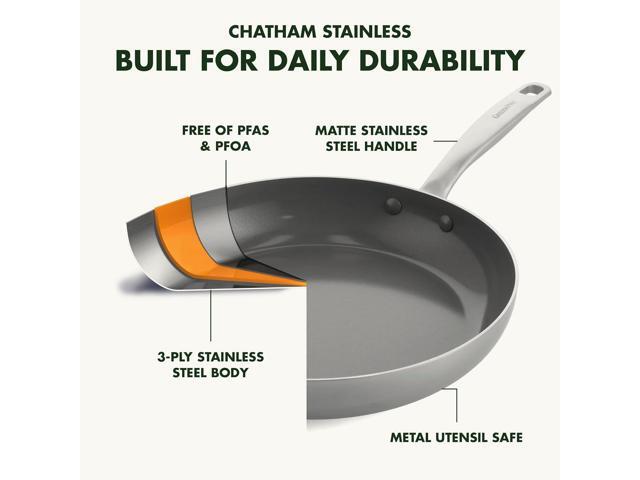 GreenPan Chatham Tri-Ply Stainless Steel Healthy Ceramic Nonstick 8' Frying Pan Skillet, PFAS-Free, Induction Suitable, Dishwasher Safe, Silver