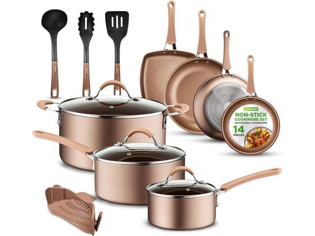 NutriChef 14-Piece Non Stick Kitchen Cookware Set w/Saucepan, Frying Pans, Cooking Pots, Dutch Oven Pot, Lids, Utensil, Gold