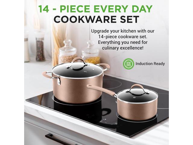 NutriChef 14-Piece Non Stick Kitchen Cookware Set w/Saucepan, Frying Pans, Cooking Pots, Dutch Oven Pot, Lids, Utensil, Gold