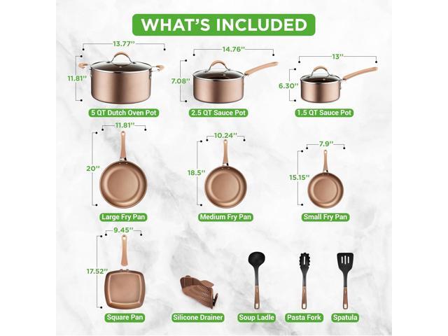 NutriChef 14-Piece Non Stick Kitchen Cookware Set w/Saucepan, Frying Pans, Cooking Pots, Dutch Oven Pot, Lids, Utensil, Gold