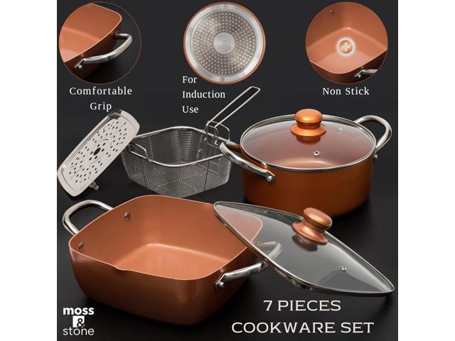 Moss & Stone 7 Pcs Copper Pots And Pans Set, Copper Chef Cookware Non Stick, Square Copper Pans for Cooking, Round Copper Pot & Fry Basket, Oven...