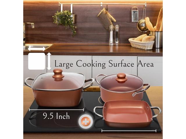 Moss & Stone 7 Pcs Copper Pots And Pans Set, Copper Chef Cookware Non Stick, Square Copper Pans for Cooking, Round Copper Pot & Fry Basket, Oven...