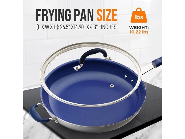 NutriChef 14' Fry Pan With Lid - Extra Large Skillet Nonstick Frying Pan with Silicone Handle, Ceramic Coating, Blue Silicone Handle,...