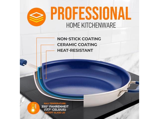 NutriChef 14' Fry Pan With Lid - Extra Large Skillet Nonstick Frying Pan with Silicone Handle, Ceramic Coating, Blue Silicone Handle,...
