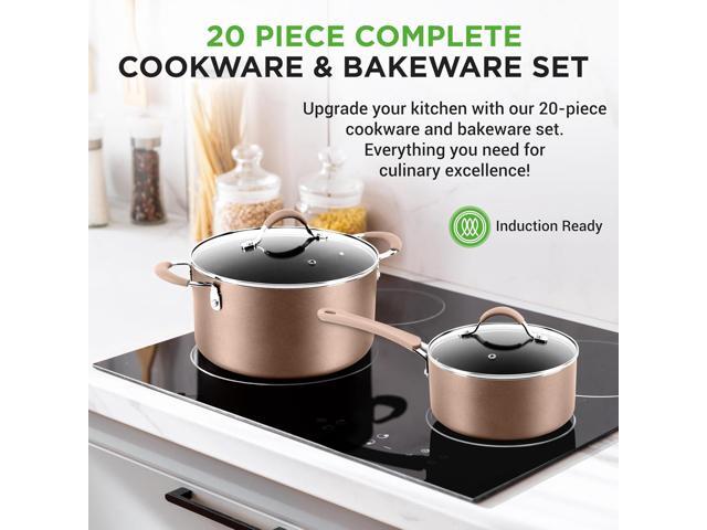 20-Piece Nonstick Kitchen Cookware Set - PTFE/PFOA/PFOS-Free Heat Resistant Lacquer Kitchen Ware Pots Baking Pan Set w/ Saucepan, Frying Pans,...