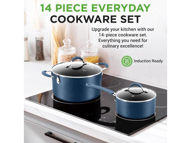 NutriChef 14-Piece Navy Blue Cookware Set - Durable Non-Stick Pots and Pans Set with Lids & Utensils, Compatible with All Cooktops