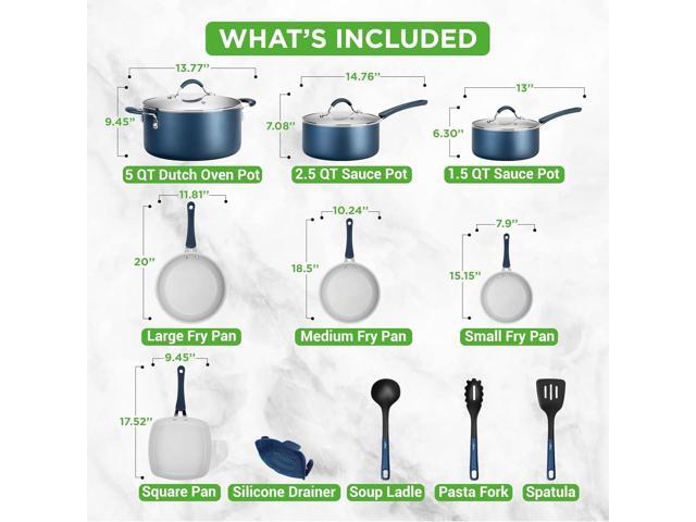 NutriChef 14-Piece Navy Blue Cookware Set - Durable Non-Stick Pots and Pans Set with Lids & Utensils, Compatible with All Cooktops