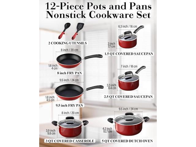 Cook N Home Pots and Pans Nonstick Cookware Set 12-Piece, Kitchen Cooking Set with Frying Pans and Saucepans, Induction Compatible, Marble Red