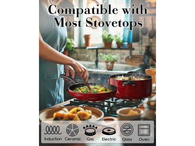 Cook N Home Pots and Pans Nonstick Cookware Set 12-Piece, Kitchen Cooking Set with Frying Pans and Saucepans, Induction Compatible, Marble Red
