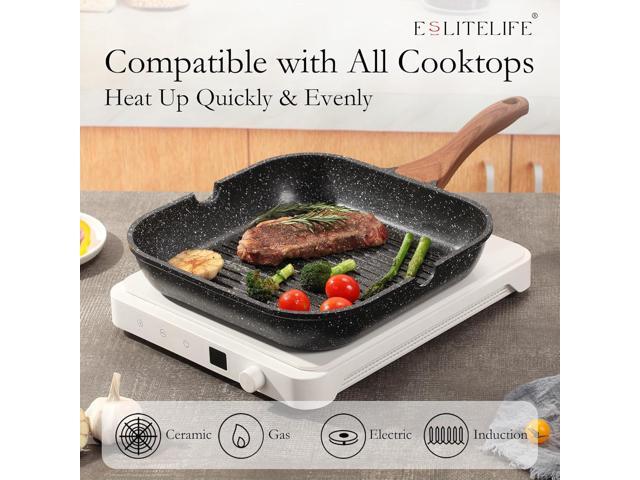ESLITE LIFE 9.5 Inch Nonstick Grill Pan for Indoor Cooking, Versatile Induction Square Large Grilling Skillet Steak Pan for Stove Tops, PTFE & PFOA...
