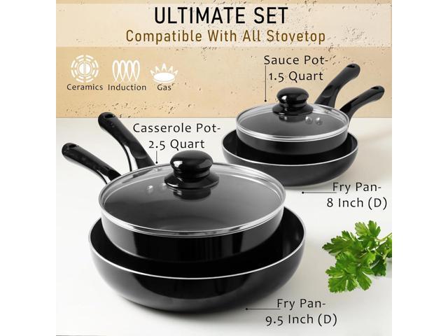 Moss & Stone 6 Pcs Black Nonstick Cookware Set, Pots And Pans Set Non stick With Glass Lid, Induction Cookware, Stay-Cool Handle PTFE/PFOA Kitchen...