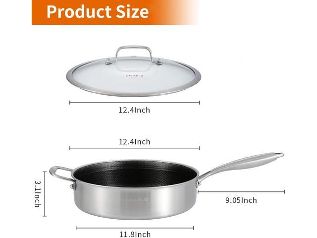 DELARLO Frying Pan,12 inch Tri-Ply Stainless Steel Skillet,6 Quart Saute Pan with lid, Compatible with All Cooktops,Oven Up to 660,Chicken...