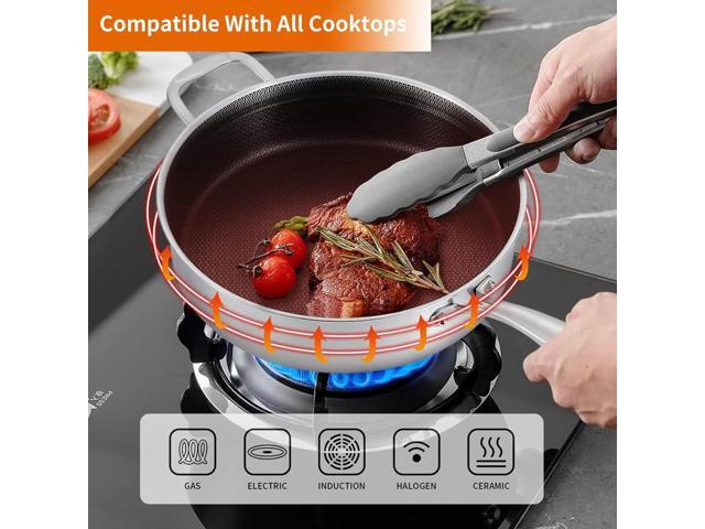 DELARLO Frying Pan,12 inch Tri-Ply Stainless Steel Skillet,6 Quart Saute Pan with lid, Compatible with All Cooktops,Oven Up to 660,Chicken...