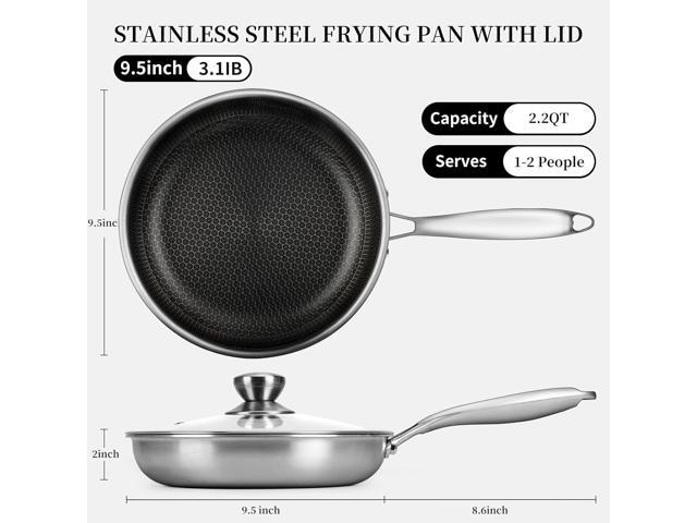 Stainless Steel Frying Pan with Lid - 9.5 Inch Nonstick Frying Pan with Lid, Honeycomb Stainless Steel Skillet Omelet Chef's Pan with Stay Cool...