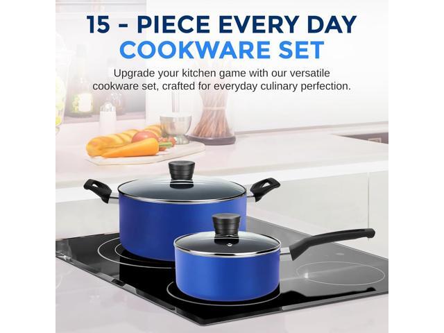SereneLife 15-Pc Blue Cookware Set - Non-Stick, Heat-Resistant Pots & Pans with Lids, Dishwasher Safe, Includes Matching Utensils