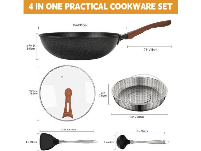AOSION 13'' Nonstick Wok, Woks & Stir-Fry Pans Non Stick Wok with Lid and Steamer Basket Spatula Ladle, 100% PFOA Free Induction Wok Pan for...