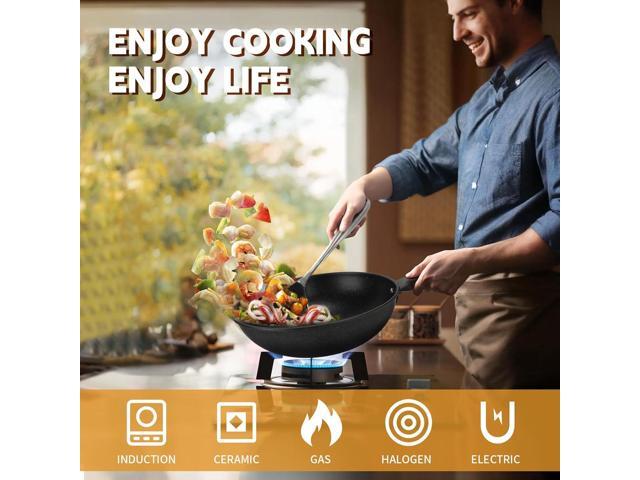 AOSION 13'' Nonstick Wok, Woks & Stir-Fry Pans Non Stick Wok with Lid and Steamer Basket Spatula Ladle, 100% PFOA Free Induction Wok Pan for...