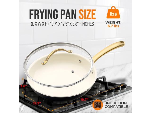 NutriChef 12-Inch Professional Ceramic Frying Pan With Lid - Large Skillet with Golden Titanium Handle, Non-Stick Ceramic Coating, Stain-Resistant,...