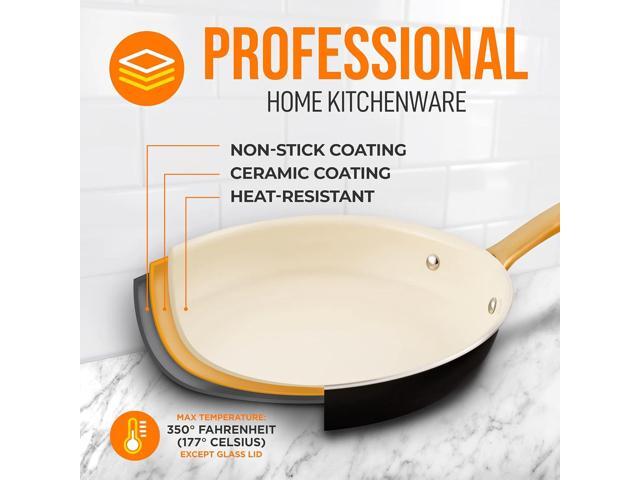 NutriChef 12-Inch Professional Ceramic Frying Pan With Lid - Large Skillet with Golden Titanium Handle, Non-Stick Ceramic Coating, Stain-Resistant,...