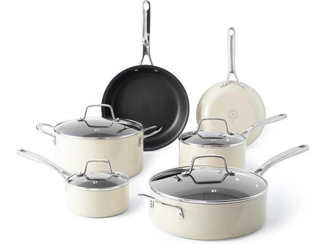 Martha Stewart Lockton Premium Nonstick 10 Piece Enamel Heavy Gauge Aluminum Pots and Pans Cookware Set - Linen White