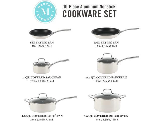 Martha Stewart Lockton Premium Nonstick 10 Piece Enamel Heavy Gauge Aluminum Pots and Pans Cookware Set - Linen White