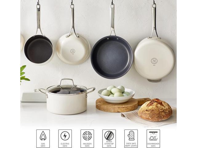Martha Stewart Lockton Premium Nonstick 10 Piece Enamel Heavy Gauge Aluminum Pots and Pans Cookware Set - Linen White