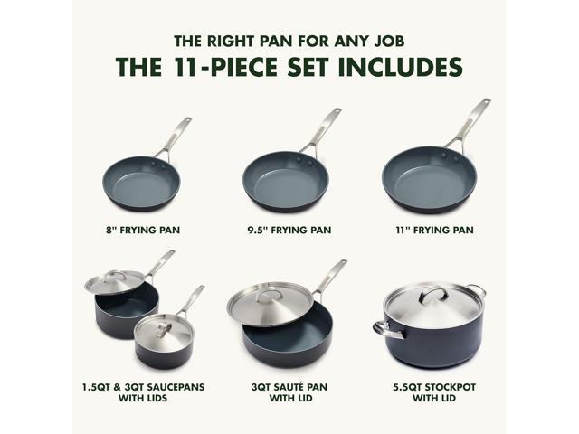 GreenPan Paris Pro Hard Anodized Healthy Ceramic Nonstick, 11 Piece Cookware Pots and Pans Set with Stainless Steel Lids, PFAS-Free, Dishwasher...