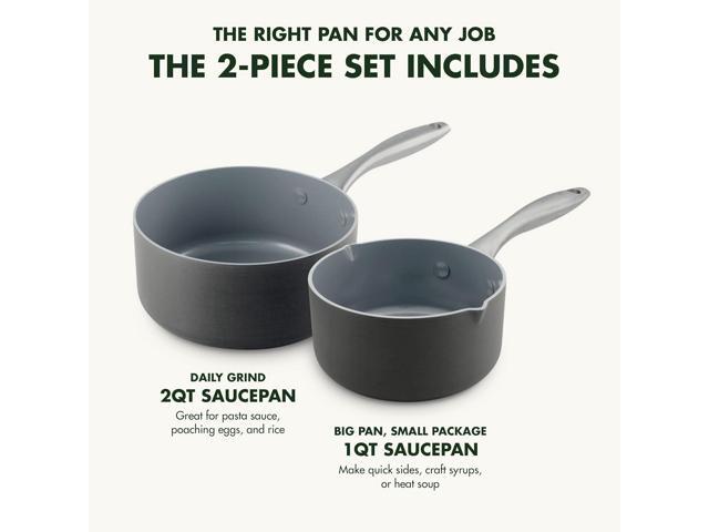 GreenPan Lima Hard Anodized Healthy Ceramic Nonstick 1QT and 2QT Saucepan Pot Set, PFAS-Free, Oven Safe, Gray