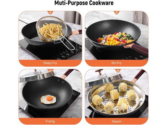 12.5 Woks & Stir-Fry Pans with Lid Steamer, Nonstick Ceramic Wok Pan with Lid, Deep Large Induction Hard Anodized Frying Wok, Carbon Steel Wok Set...