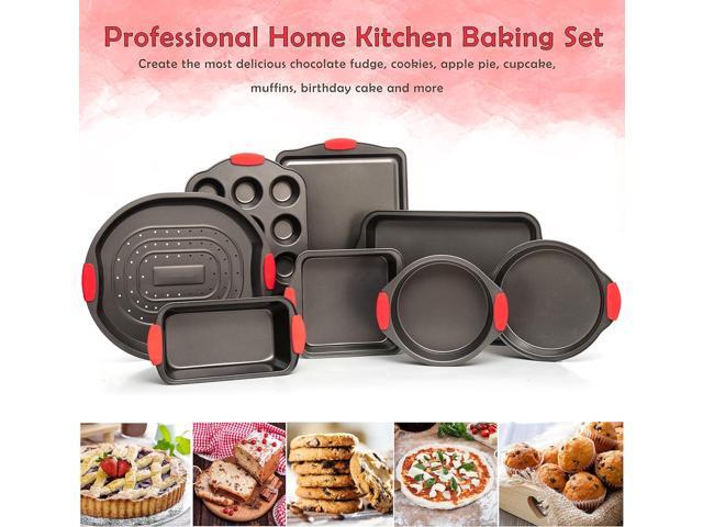 Moss & Stone 9 Piece Baking Pans Set Non Stick, Oven Safe Baking Sheet Set Carbon Steel Non-Stick PTFE Coating, Bakeware Set With Heat Red Silicone...