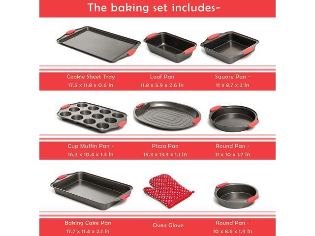 Moss & Stone 9 Piece Baking Pans Set Non Stick, Oven Safe Baking Sheet Set Carbon Steel Non-Stick PTFE Coating, Bakeware Set With Heat Red Silicone...
