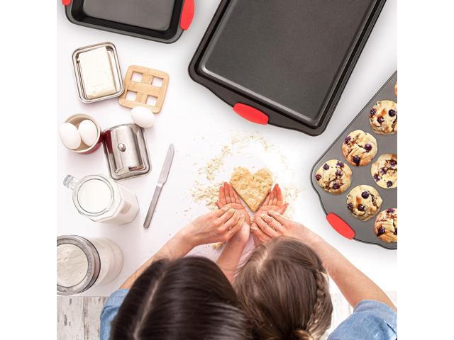 Moss & Stone 9 Piece Baking Pans Set Non Stick, Oven Safe Baking Sheet Set Carbon Steel Non-Stick PTFE Coating, Bakeware Set With Heat Red Silicone...