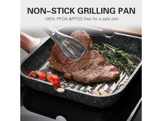 Nonstick Grilling Pan with Lid for Stove Tops, 11 Inch Square Grill Pan for Indoor Cooking, Granite Coating Grill Skillet with Pour Spouts,...