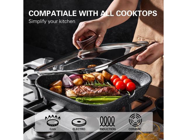 Nonstick Grilling Pan with Lid for Stove Tops, 11 Inch Square Grill Pan for Indoor Cooking, Granite Coating Grill Skillet with Pour Spouts,...