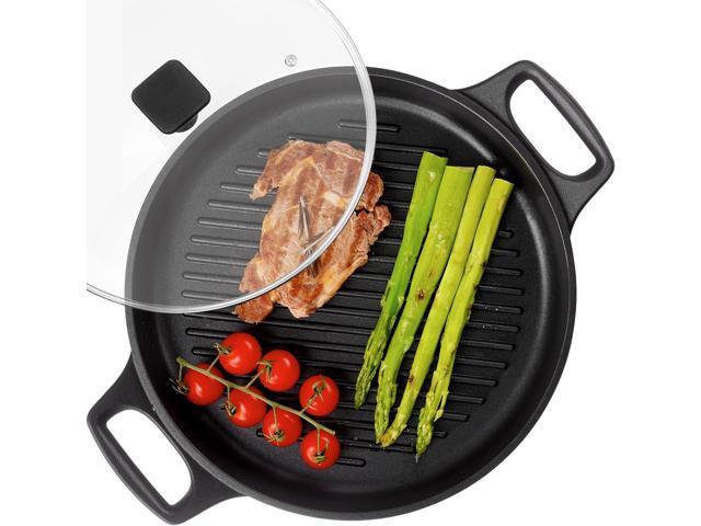 S·KITCHN Cast Aluminum Griddle Pan for Stovetop with Lid - Lighter than Cast Iron Skillet,Round Frying Pans Nonstick Grill Pan Dishwasher & Oven.