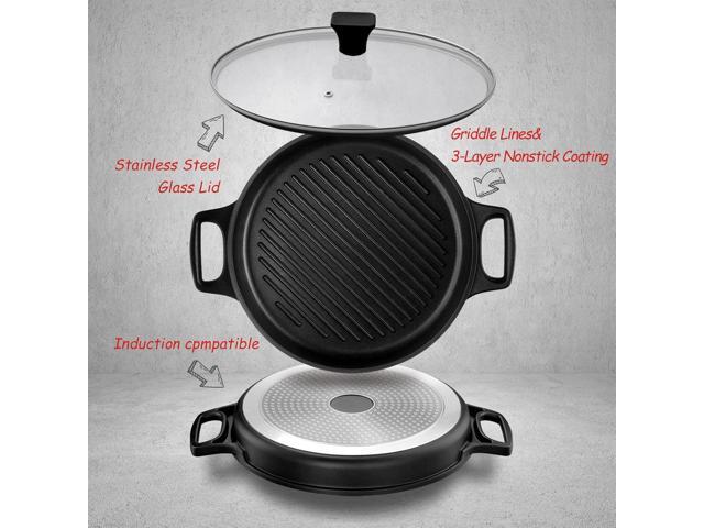 S·KITCHN Cast Aluminum Griddle Pan for Stovetop with Lid - Lighter than Cast Iron Skillet,Round Frying Pans Nonstick Grill Pan Dishwasher & Oven...