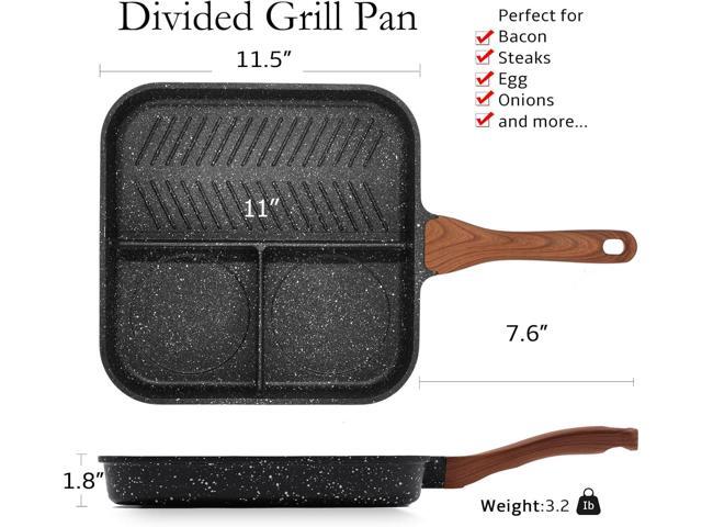 ESLITE LIFE 11 Inch Nonstick Divided Grill Pan with Lid for Indoor Cooking, Versatile 3-In-1 Induction Large Breakfast Pan for Stove Tops, PTFE &...