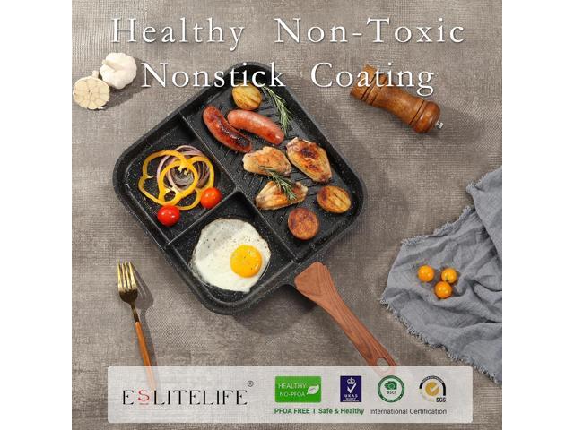 ESLITE LIFE 11 Inch Nonstick Divided Grill Pan with Lid for Indoor Cooking, Versatile 3-In-1 Induction Large Breakfast Pan for Stove Tops, PTFE &...